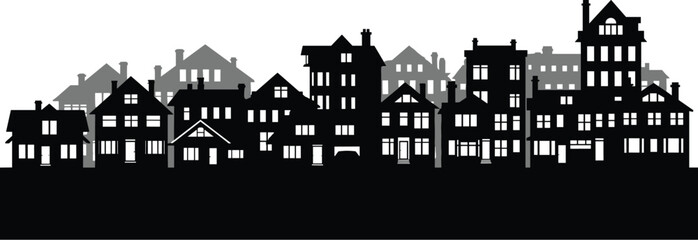 Obraz premium Layered black and gray suburban neighborhood house silhouette with chimneys, gabled roofs, and dormer windows in minimalist vector architecture design