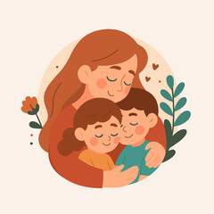 Ilustración de una madre abrazando a sus hijos con flores