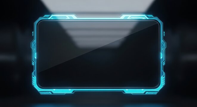 Futuristic screen with blue neon frame on dark background - Powered by Adobe