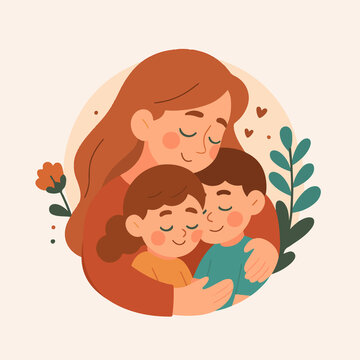 Ilustraci&oacute;n de una madre abrazando a sus hijos con flores
