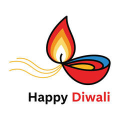 A colorful illustration of a traditional Diya oil lamp with a bright flame and the text 'Happy Diwali' on a white background.