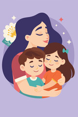 Ilustracion para tarjeta de madre abrazando hijos
