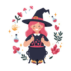 A cute cartoon witch with pink hair happily stirring a magical potion in a cauldron.