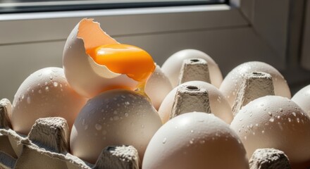 Fresh brown eggs with cracked shell and golden yolk in sunlight