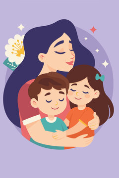 Ilustracion para tarjeta de madre abrazando hijos