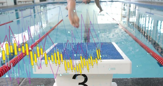 Female swimmer adjusting stance block 3 on start signal diving and tracking split times on chart