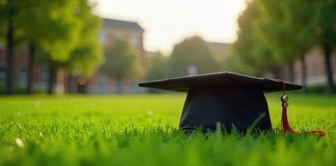 Graduation cap with tassel resting on vibrant green grass outside academic buildings at sunset