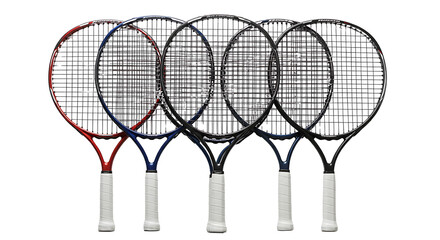 Row of Tennis Racquets Lined Up Against a White Background