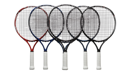 Row of Tennis Racquets Lined Up Against a White Background