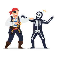 A pirate, with an eye patch, playfully interacts with a skeleton costume.
