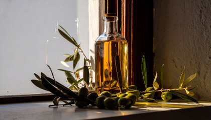 Olive Oil Bottle Macro with Fresh Green Olives. Bishvat jewish festival. Generated Image