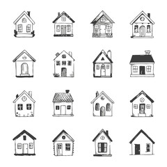 vector set of 16 monochrome house drawings featuring diverse home styles cottage modern farmhouse and urban sketches in a grid design
