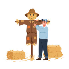 Man adjusting scarecrow in field with hay bales, cartoon illustration.