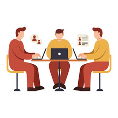 Three men collaborating at a table with laptops, discussing and reviewing profiles, representing teamwork and a business meeting.