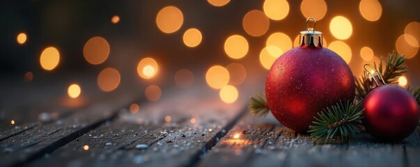 Two red Christmas baubles and pine branches on rustic wooden surface with bokeh lights