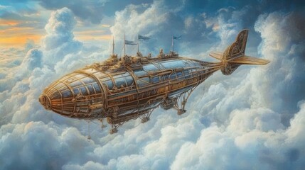 Steampunk Airship Soaring Through Cloudscapes