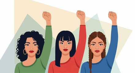 Obraz premium Three determined women with fists raised in solidarity, embodying strength and collective action