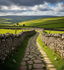 "Beautiful scenic landscape photography, wide angle, ultra realistic, nature path with fences, trees, flowers, rivers, mountains and atmospheric lighting, highly detailed, cinematic view, natural colo