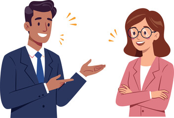 Young businessman and businesswoman smiling and communicating, professional conversation, office teamwork, friendly discussion, confident interaction, 