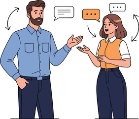 Young man and woman having a conversation, communication, dialogue exchange, business discussion, teamwork, interaction, professional meeting, friendly talk, office discussion, teamwork collaboration