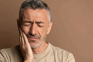 Fototapeta premium Middle-aged man grimacing in pain while holding his jaw, representing dental pain, toothache, or oral health issues in adults. 