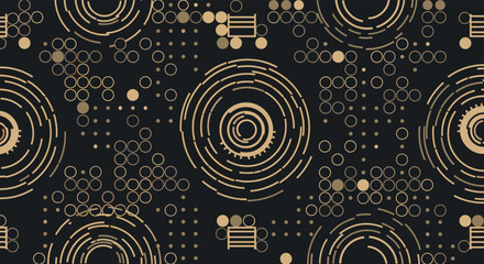 Intricate circular patterns with geometric abstract design and subtle particle accents on a dark background