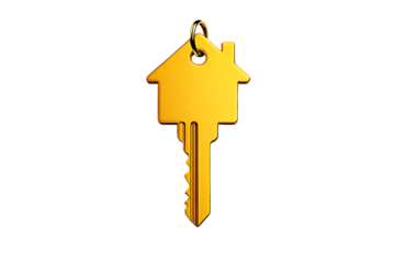 gold house and gold key, on a transparent background, 3d render