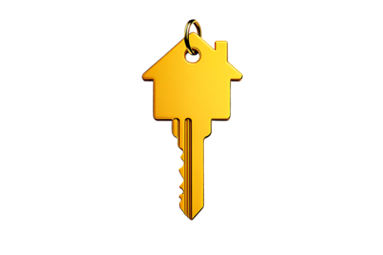 gold house and gold key, on a transparent background, 3d render