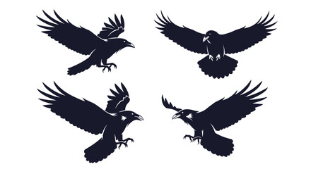 Majestic crows soaring through the sky with wings spread in four dynamic poses of flight collection