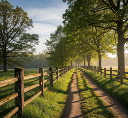 "Beautiful scenic landscape photography, wide angle, ultra realistic, nature path with fences, trees, flowers, rivers, mountains and atmospheric lighting, highly detailed, cinematic view, natural colo