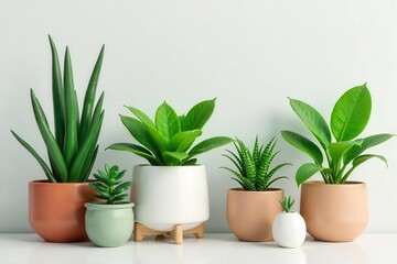 Assorted potted green houseplants displayed on a white surface against a neutral background