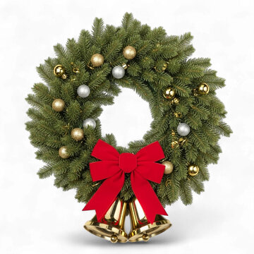 Christmas wreath with red bow and golden bells isolated on transparent background