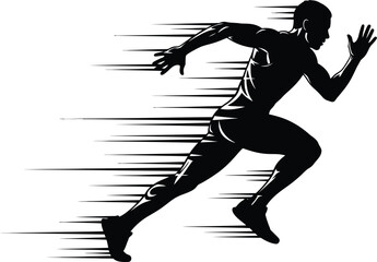 Obraz premium Dynamic silhouette of a runner in full sprint, capturing speed and energy for fitness brands, sports campaigns, and motivational designs, a symbol of power and agility