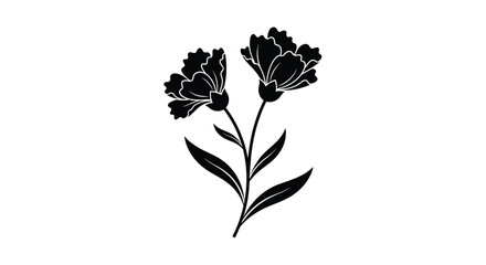 Elegant black silhouette of two blooming carnations with delicate stems and leaves on a white background representing natural beauty and floral art