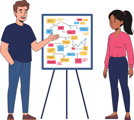 Fototapeta premium Young man explaining ideas to young woman, brainstorming session, business planning, presentation board, teamwork collaboration, strategy meeting, office discussion, creative process.