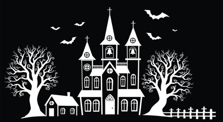 Spooky haunted house silhouette with bats, graveyard, and creepy trees for Halloween night, gothic architecture, horror theme, and eerie design illustration
