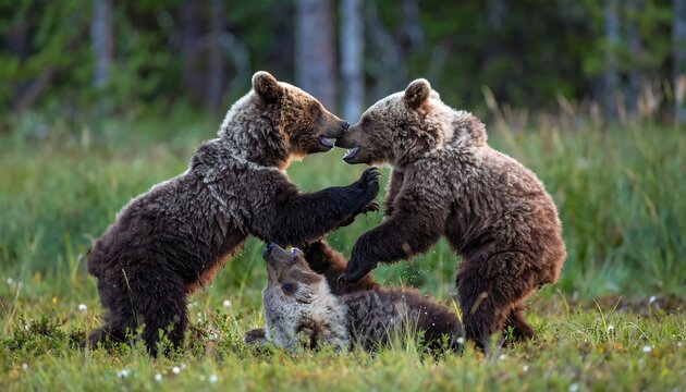 Two playful brown bear cubs interact playfully in a grassy meadow - Powered by Adobe