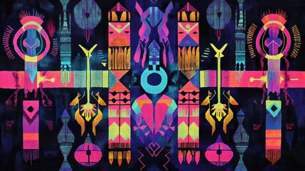 Vibrant Geometric Textile Artwork: A Symphony of Neon Hues and Indigenous Patterns