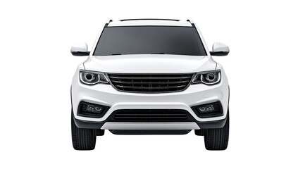 Front view of a white SUV. Modern, clean lines. Glossy finish. Dark trim. Dark wheels. SUV, focused on front fascia
