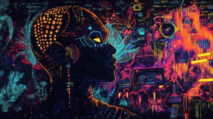 Neon Woman Cyberpunk  Digital Art