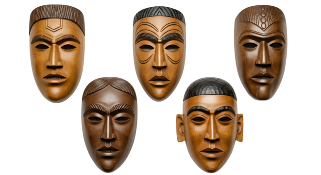 Artistic Display of African Masks A Collection of Hand-Carved Wooden Faces