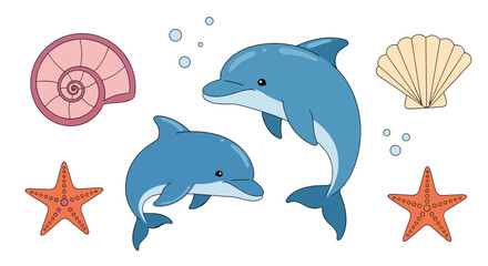 Charming ocean life collection featuring playful dolphins seashells and starfish illustrations