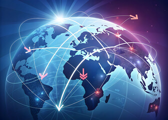 Illustration of global network connection and international business concept with world map and arrows in the background