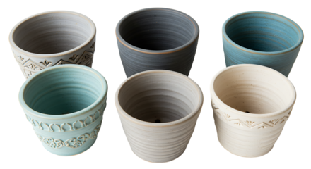 Set of six decorative ceramic plant pots with textured patterns in various neutral and pastel colors, perfect for indoor or outdoor gardening
