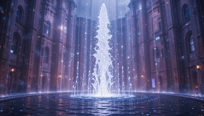 Naklejka premium Illuminated fountain at night in a city courtyard surrounding buildings and soft lighting