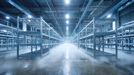 Obraz premium Interior of a Modern Industrial Warehouse with Metal Shelving and Low-Lying Mist, Cold Storage