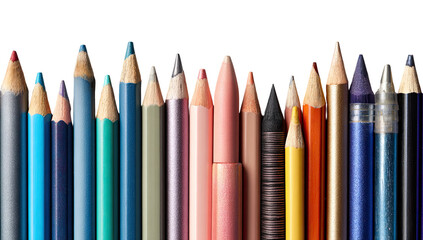 Close-up of assorted colored pencils, tips aligned