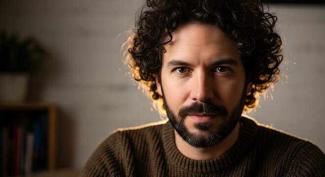 Portrait of a serious man with curly hair and beard looking at the camera.