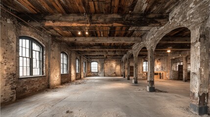 Obraz premium Spacious Interior of an Old Abandoned Factory with Arched Windows and Distressed Brick Walls