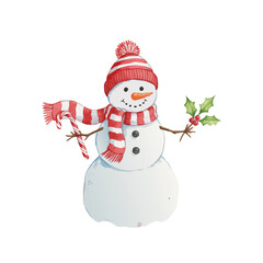 A charming watercolor illustration of a snowman wearing a red striped hat and scarf, holding a candy cane and a sprig of holly